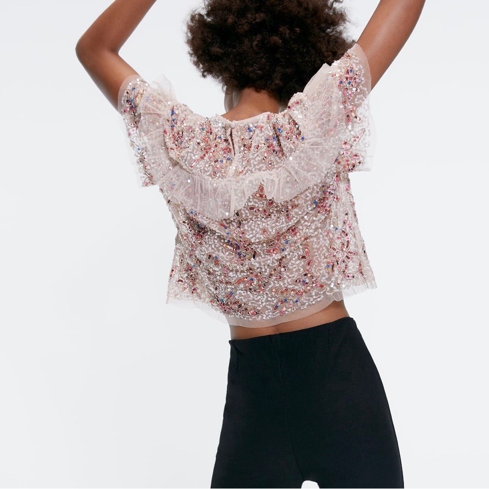 ZARA *NWT* Pink Sequined Cropped Blouse